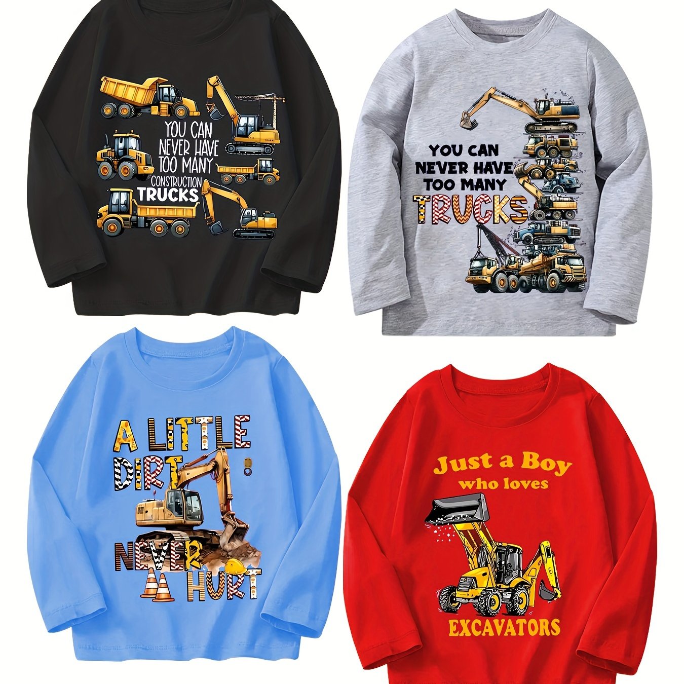 Image of 4pcs Set Boys' Autumn/winter Top With Cool Construction Vehicle Print, Versatile Casual Fashion Long-sleeve T-shirt For Toddlers And Young Children