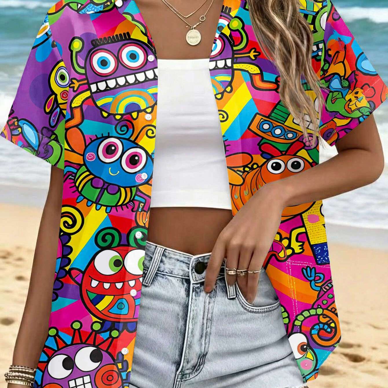 TEMU Camisa de manga corta para mujer con estampado completo de monstruo , estilo de pintura colorida, diseño de impresión animada, blusa para mujer
