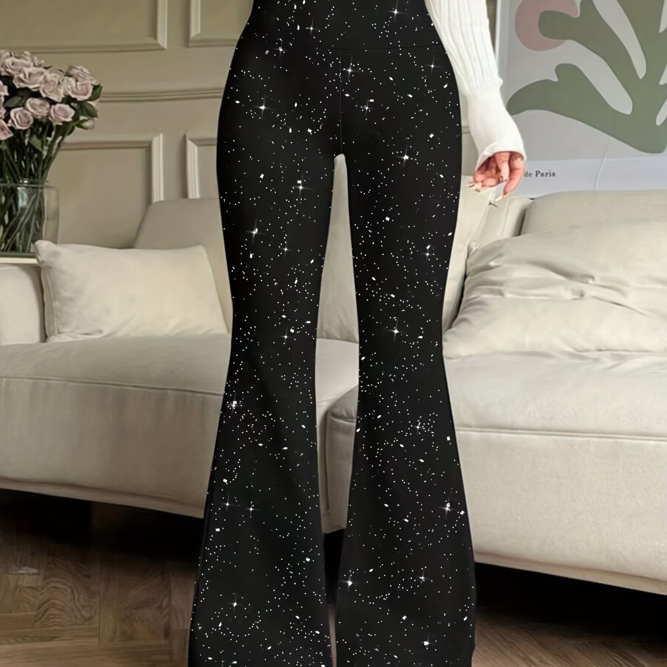 Women's Pants Elegant Black Rhinestone Glitter Sequin Flare Pants, Casual High-waisted Taboo Pants, Suitable For Spring And Autumn, Women's Clothing