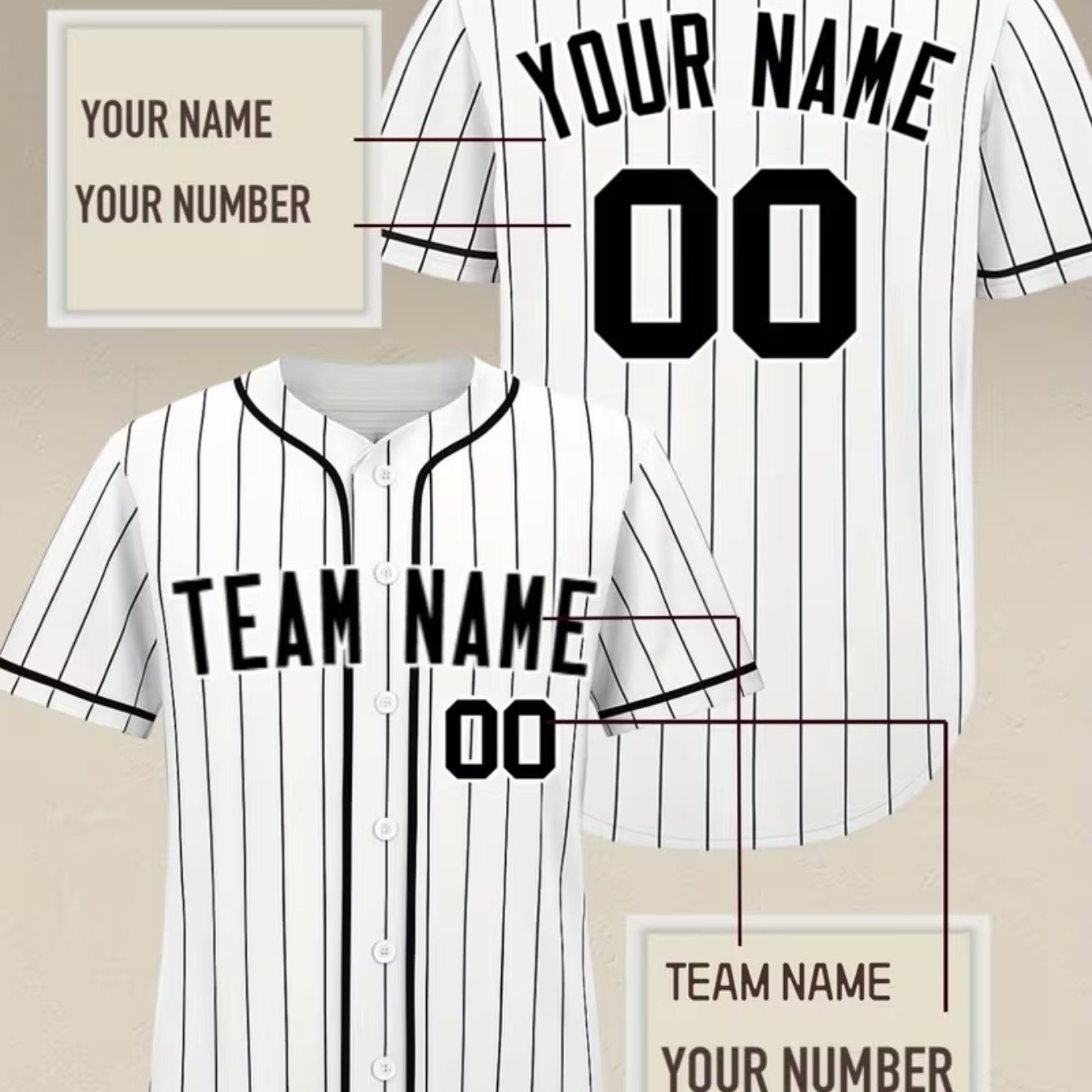 TEMU Custom Striped Baseball Jersey, Breathable Button-up Short Sleeve Top, Personalized Sports Uniform With Number And Name