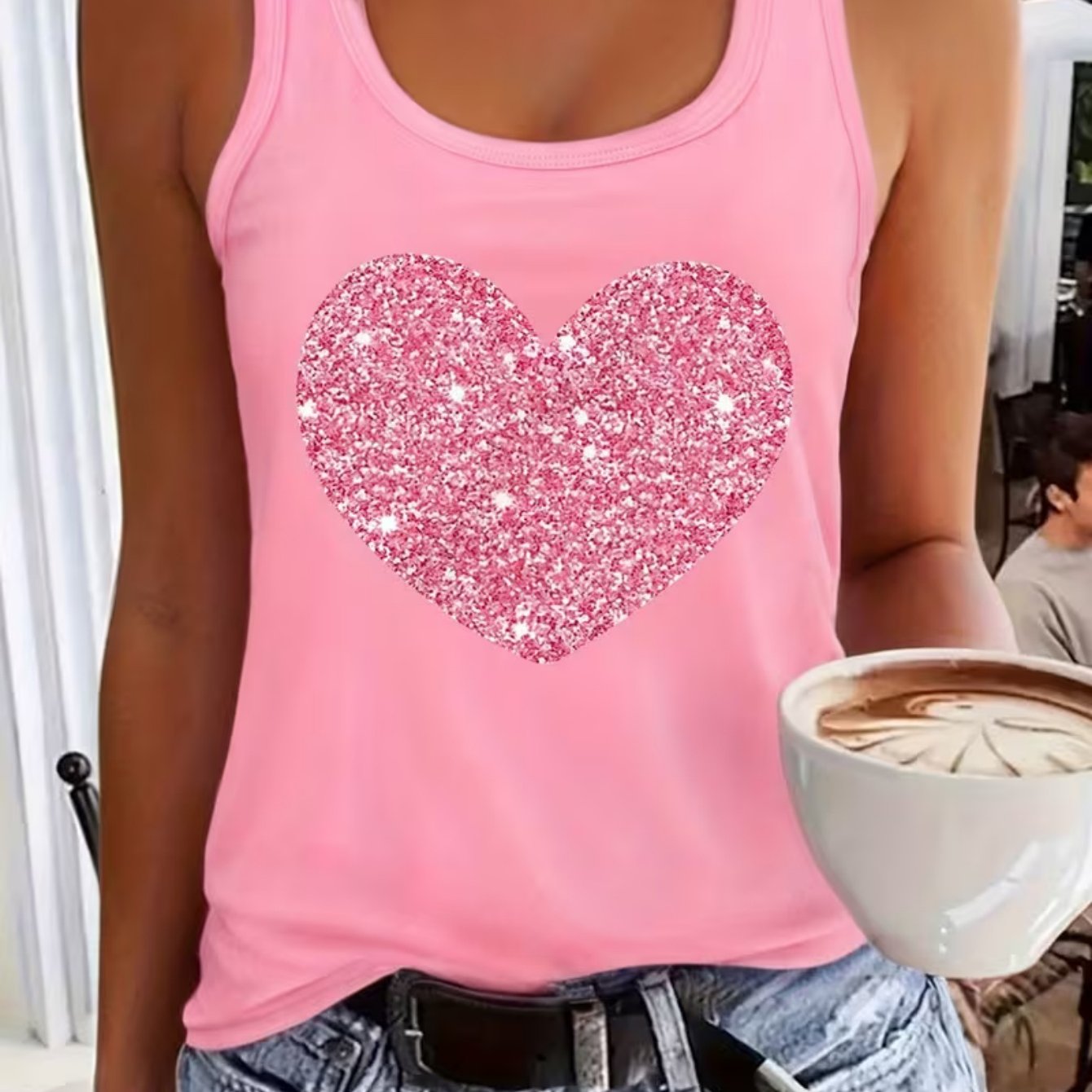 TEMU Women's Pink Glitter Heart Print Sleeveless Round Neck Tank Top - Non- Curved Hem Basic Vest, Machine Washable Summer Tops Suitable For Casual