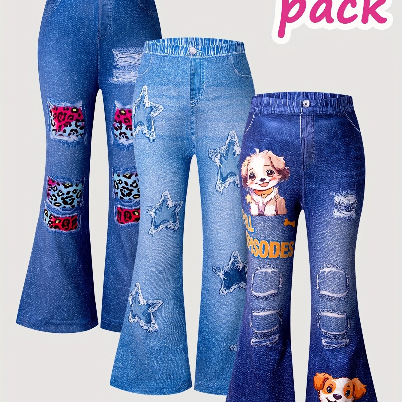 Set Of ' Long Pants Featuring Stylish Knitted Denim, With Stretchy Including Ripped Leopard Print, Cute Dog Patterns, And Star Geometric Patterns. Soft And Comfortable Clothing For Girls, For Outdoor