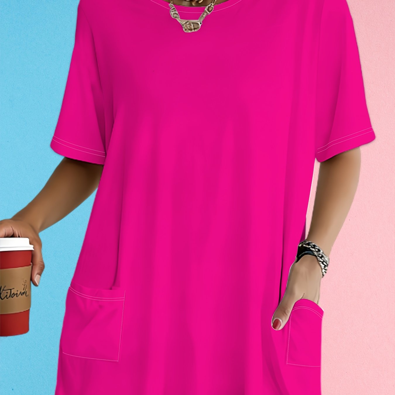 TEMU Plus Size Casual Comfortable Women's Round Neck Short Sleeve T-shirt, Solid , Loose And, Versatile For Outdoor Wear, Stable And Grand, Daily