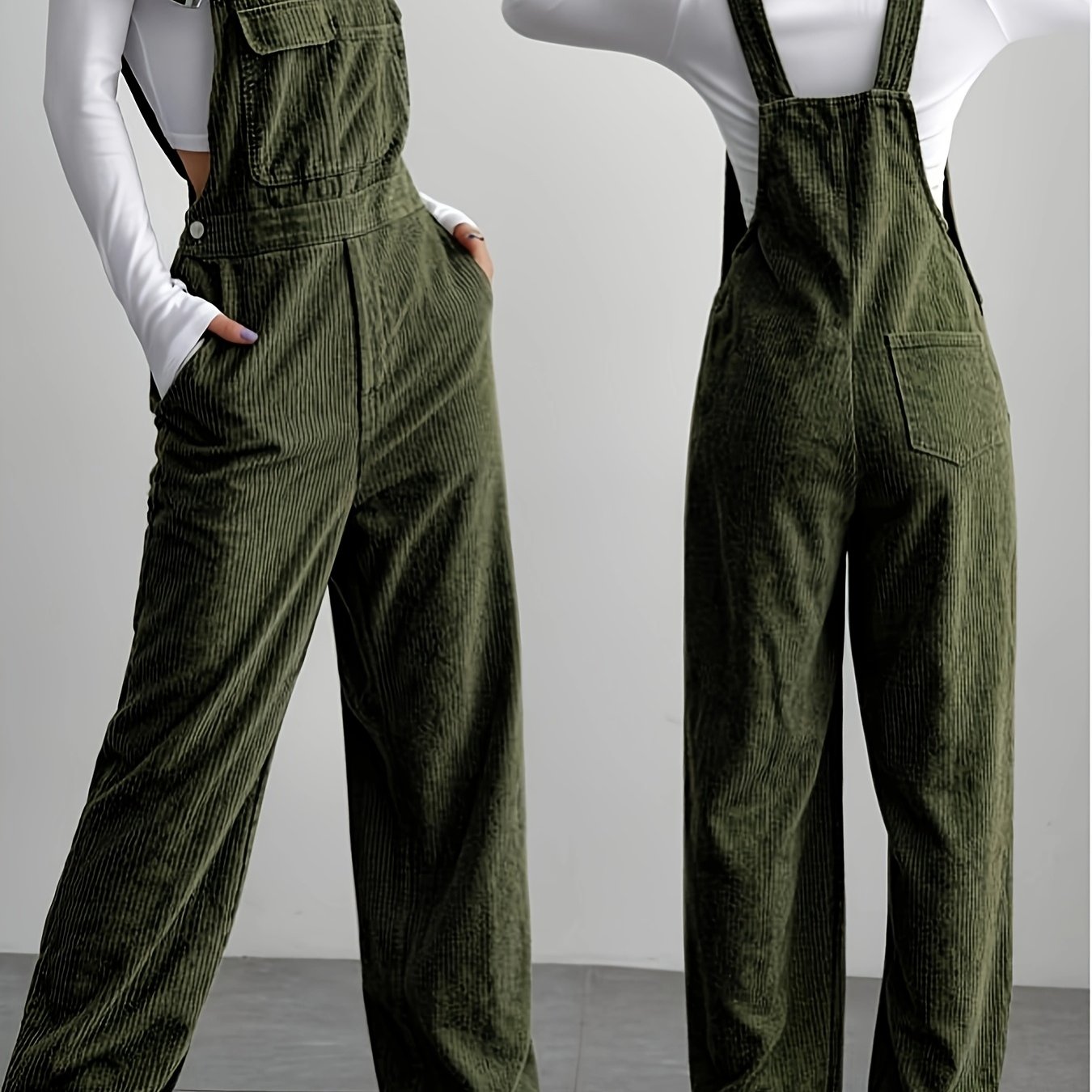 TEMU Women's Spring And Autumn Corduroy Overalls, Adjustable Straps Loose Casual Jumpsuit, With Pocket Cover Multi-pockets All-match Casual Trousers