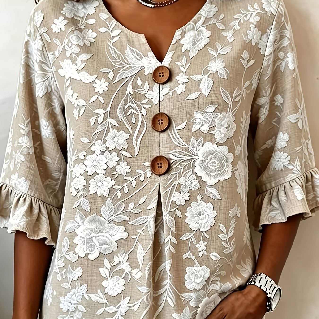 TEMU Women's Floral Print Vintage Fashion Long Sleeve V-neck Regular For Casual Daily Wear, Holidays, Spring, Summer, And Autumn