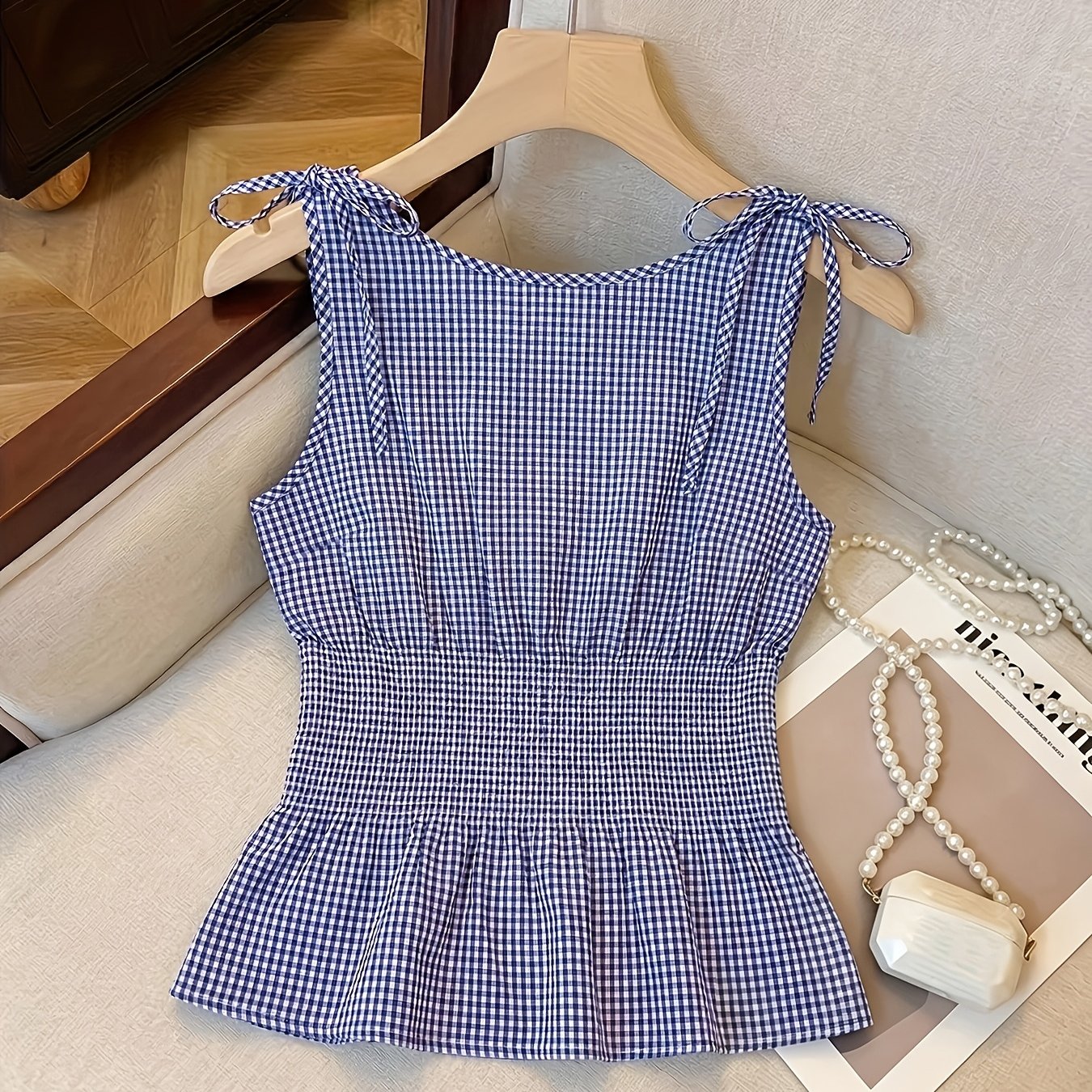 TEMU TD0319027 Débardeur camisole manches à dans le dos et à dans le dos à carreaux pour femme, décontracté et de