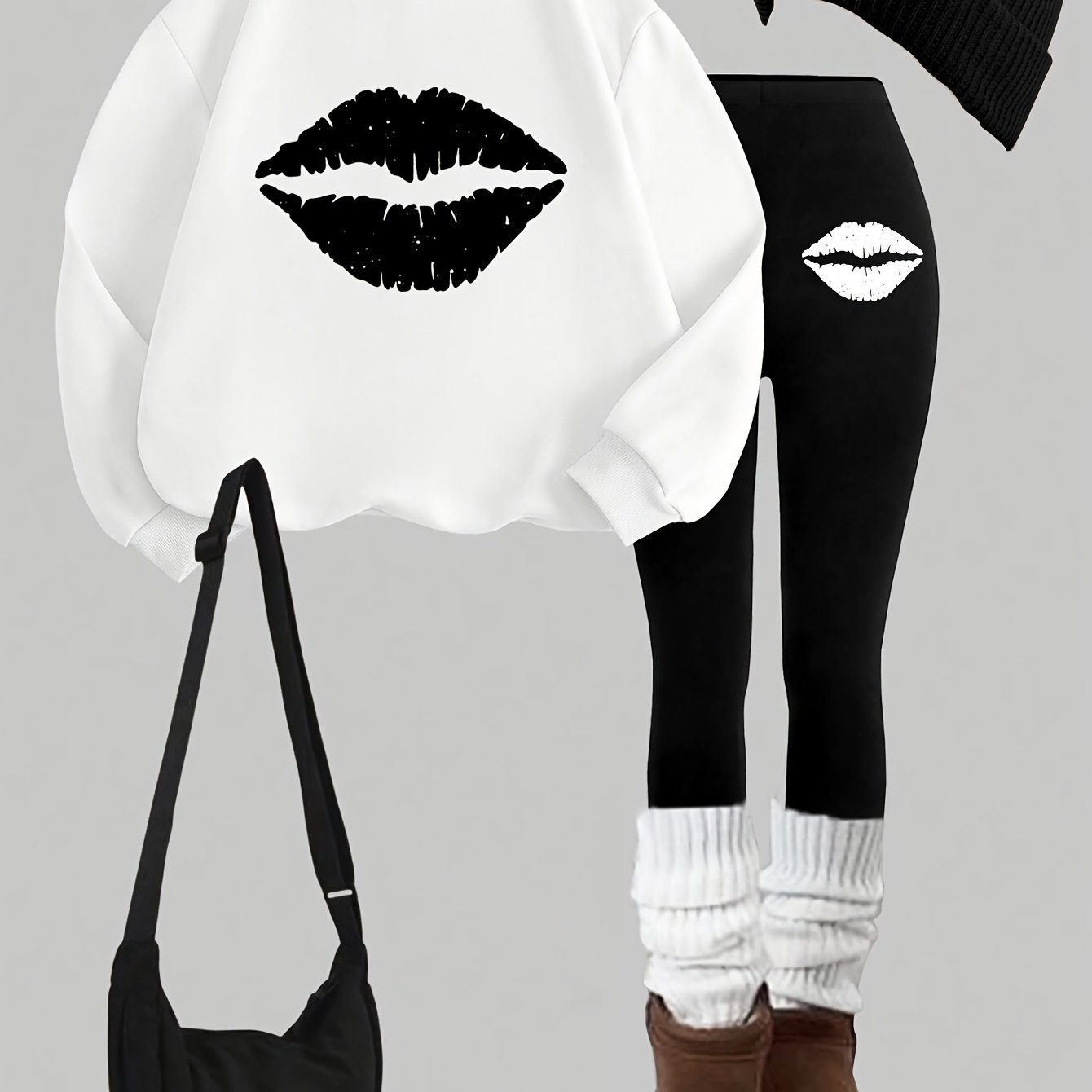 TEMU 0926, 1 Set Of Casual Women's Sweatshirt Outfit, 2pcs Set With Pattern Print, Round Neck Long-sleeve Sweatshirt And Long Leggings, Alone Or
