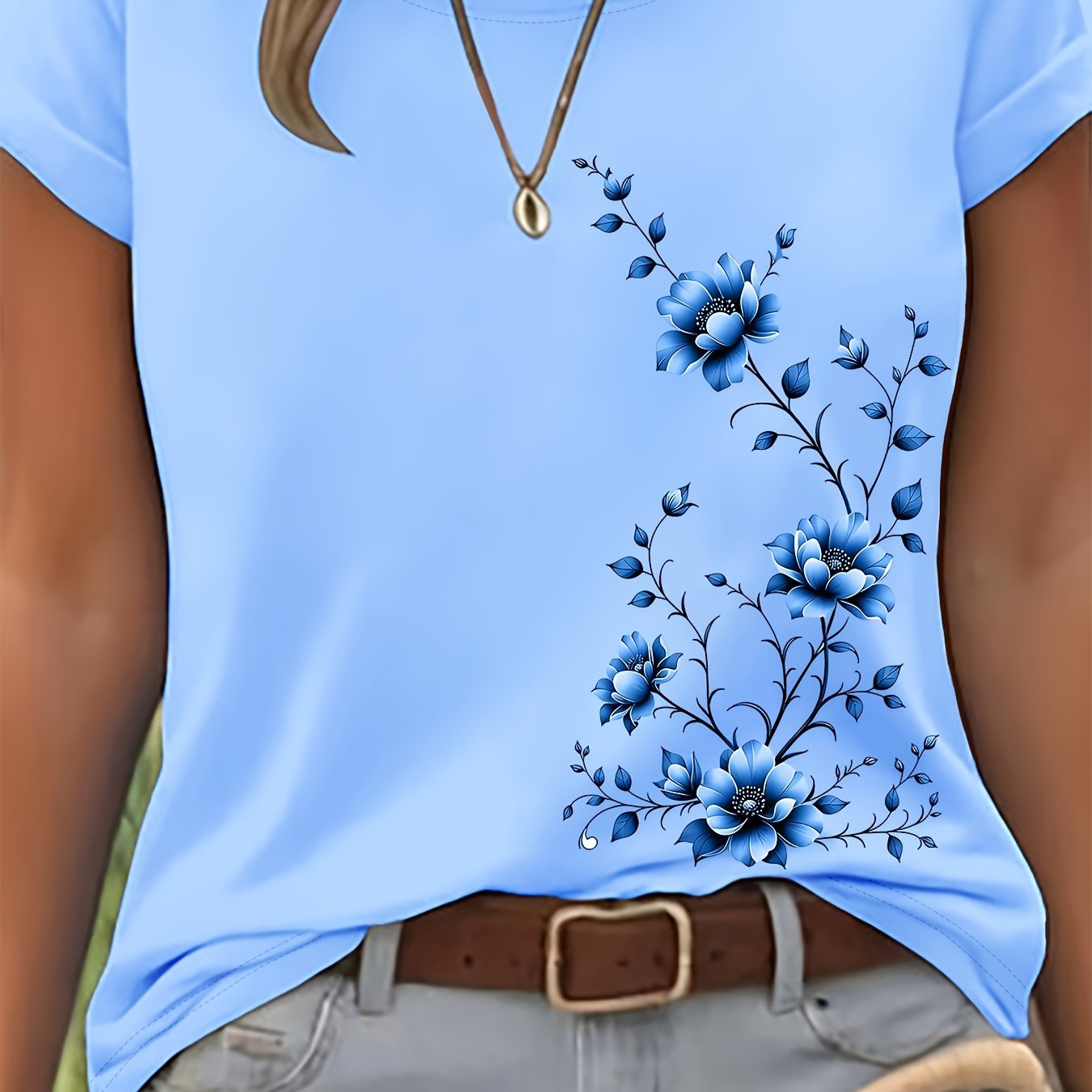 TEMU Growing Floral Pattern Print Short Sleeve, Regular Fit Round Neck T-shirt, Fashionable Elegant Spring Summer Women's Wear, Outdoor Casual,