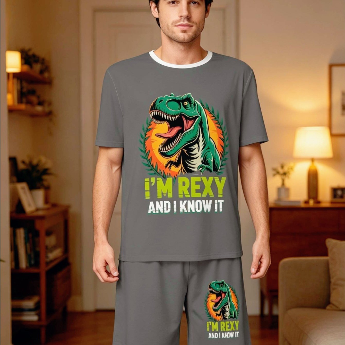 TEMU Men's Dinosaur Print Short-sleeve Pajama Set With Shorts, Lightweight And Comfortable Loungewear Suitable For Summer Wear, Friend Gatherings,