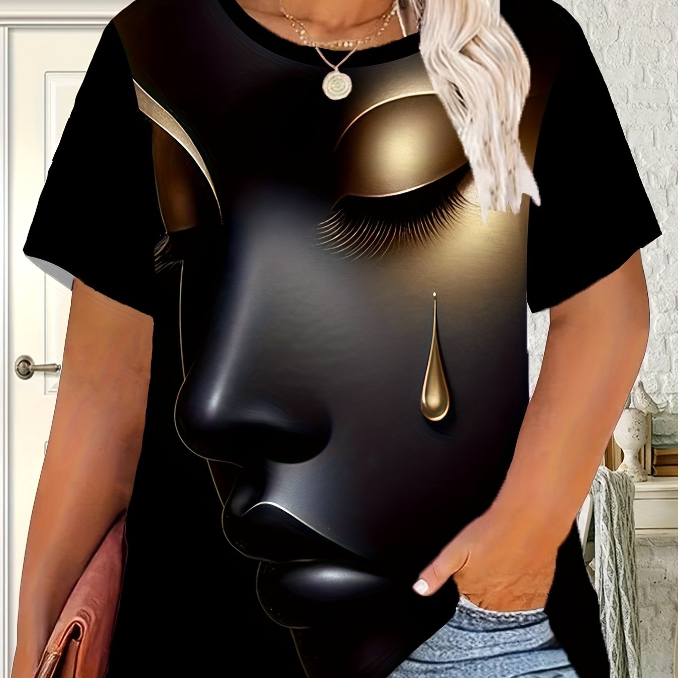 TEMU Grande Taille - Grande Taille - -shirt d'été à col rond pour grandes tailles avec un imprimé de visage de rêve et de , un T-shirt à manches