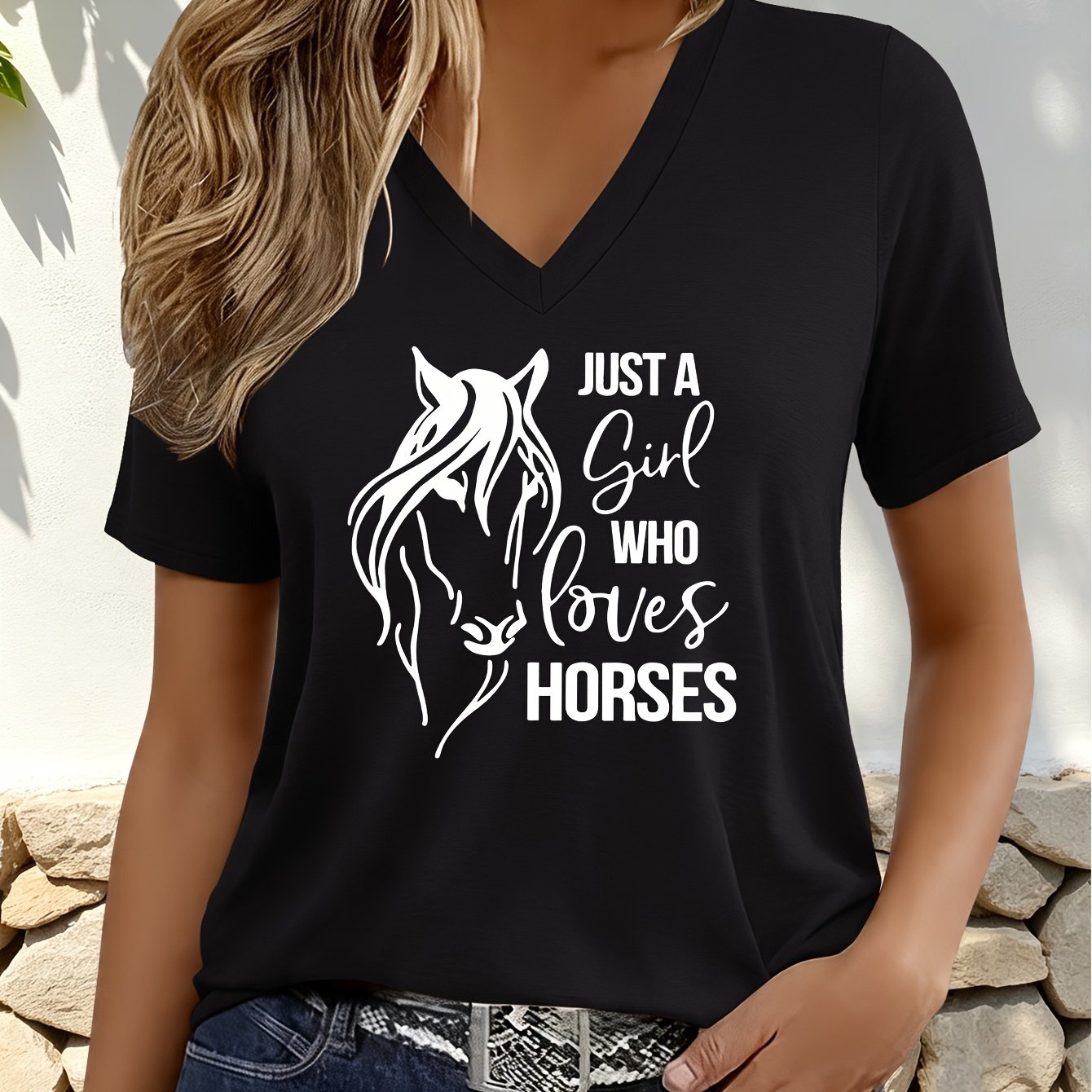 TEMU Just A Who Horses (a Who Horses) Summer Women's Clothing Casual Outing Wear V-neck Short Sleeve Women's T-shirt _10221