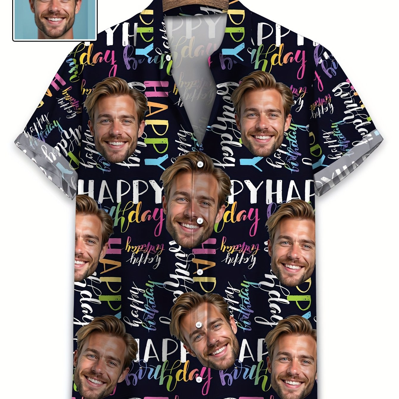 TEMU Large Size Custom Shirt, Happy Birthday Letter Print Short Sleeve Shirt, 100% Polyester, Front Lapel Casual Shirt, Plus Size