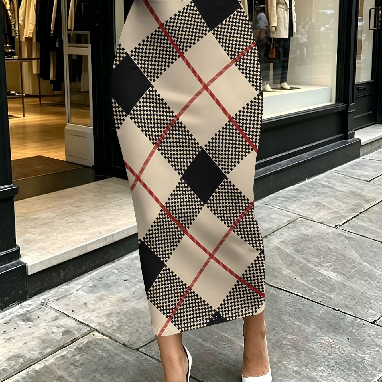 TEMU Women's Beige-brown Diagonal Patterned Skirt, Fashionable And Trendy