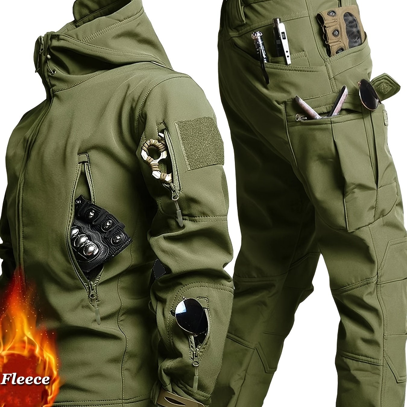 Image of Men's Outdoor Set Autumn Winter -lined Casual Sport Tactical Jacket Pants 2pcs Soft Shell Jacket Cargo Pants Multi-pocket Cycling Workwear Windproof Hooded Jacket
