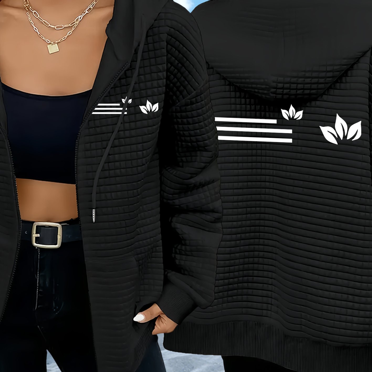 TEMU Housse de survêtement tendance à imprimé, sweat à capuche zippé et coupe waffle décontractée pour femmes avec cordon de serrage - Fibre, lavable