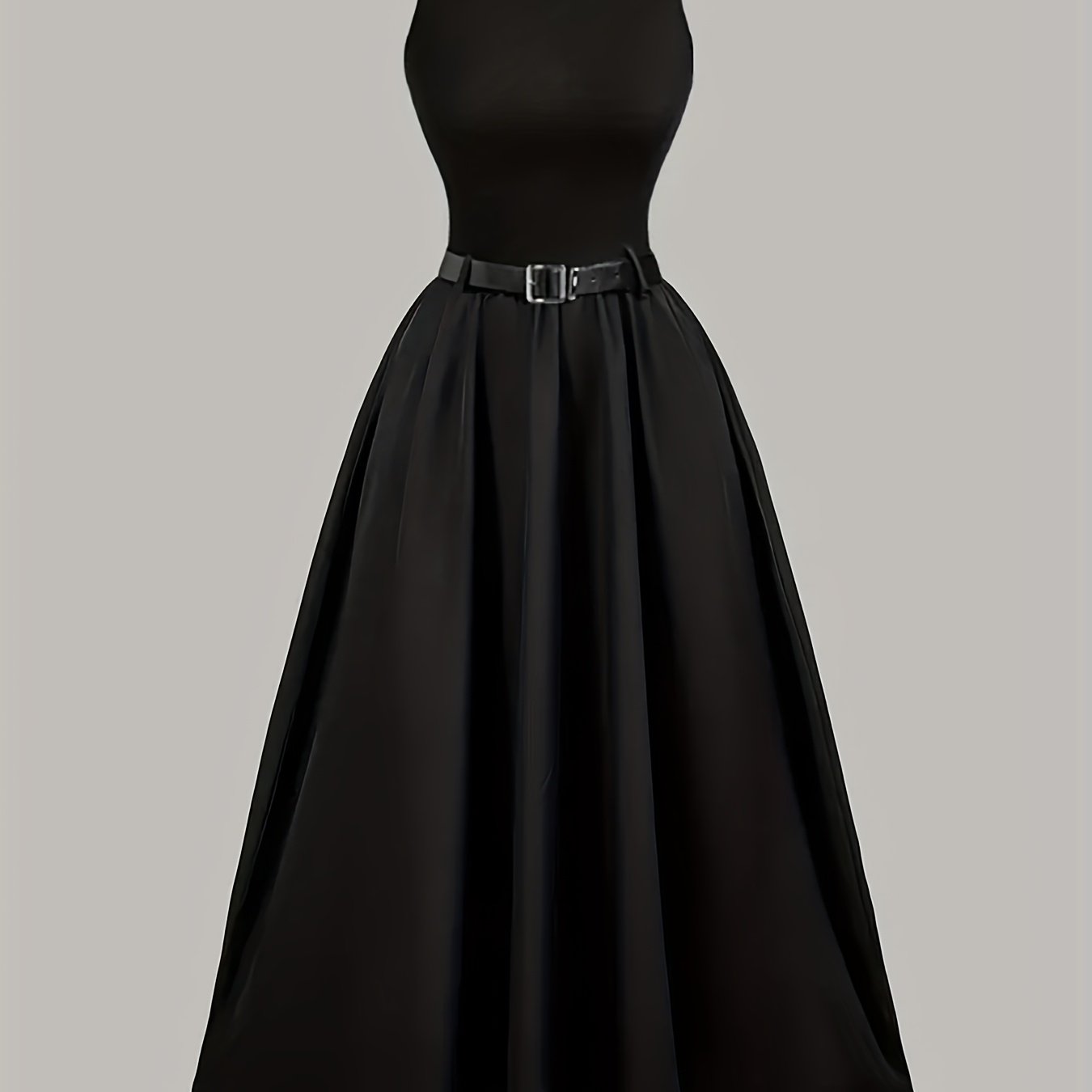 E-shop Elegantes schwarzes Ärmelloses A-Line Midi-Kleid mit verstellbarem Taillenband - Geknöpftes Taillenband, fließende Rockschürze, Rundhals, für