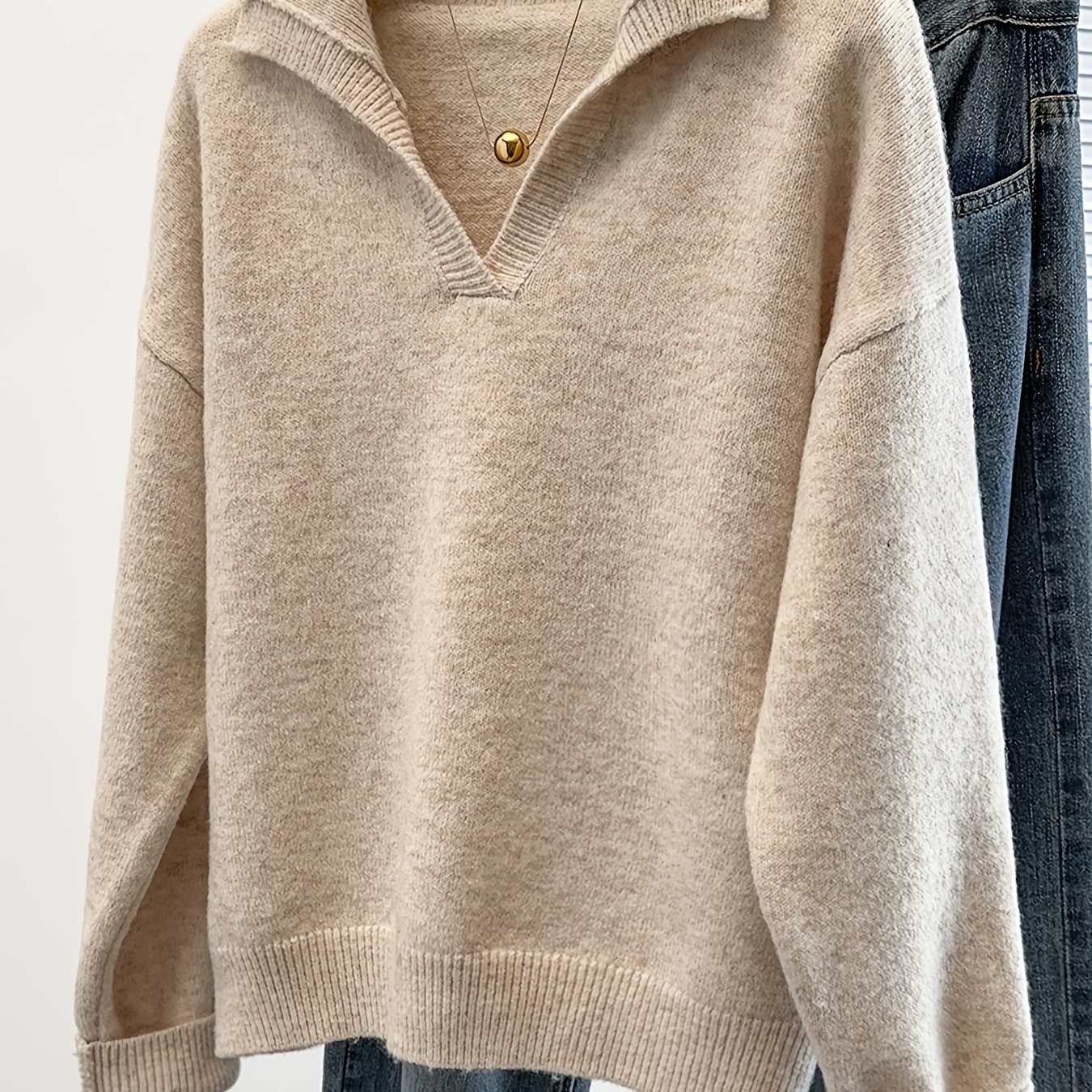 TEMU Pull décontracté à et col en V, pull d'automne-hiver uni, haut , facile et polyvalent, vêtement de mode pour femmes, idéal pour les quotidiens