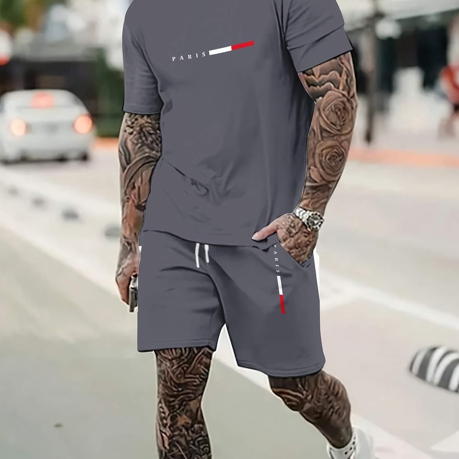 Men's Fashion Casual All-match Street Trendy Brand Classic Letter Pattern Print Short Sleeve Shorts 2pcs Set