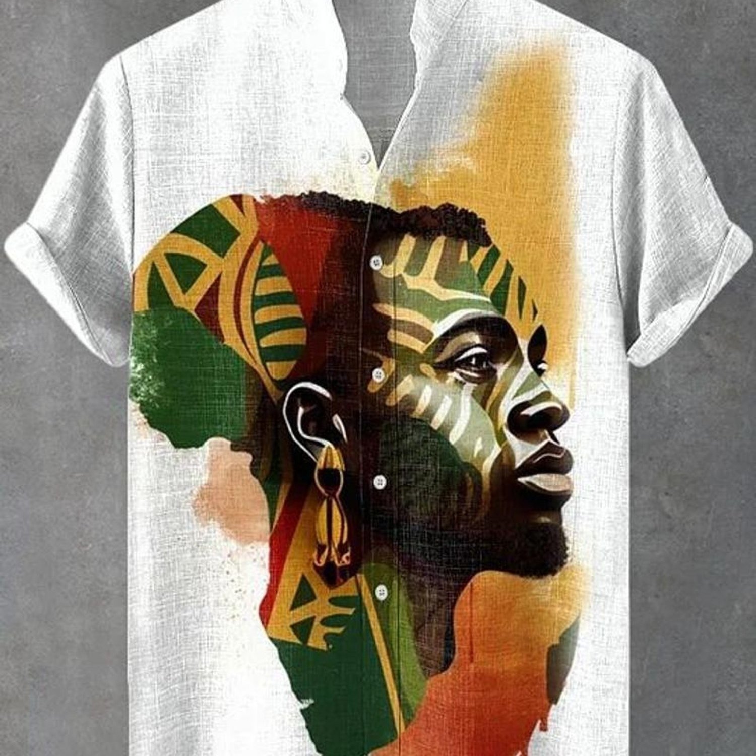 Image of Men's Button-up Collar Short-sleeve Shirt, African Cultural Art Print, Casual Ethnic Style, Polyester Fiber, Multiple Sizes , Mixed Colors, Ideal For Daily Wear