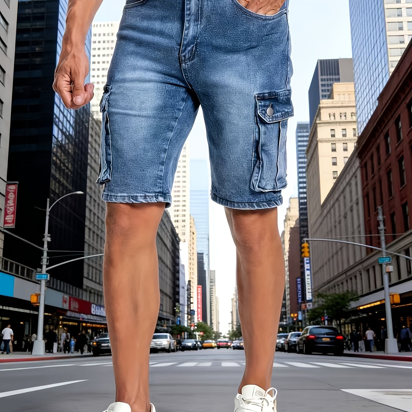 Image of Men's Workwear Denim Shorts, Dark Blue Washed Multi-pocket Loose Knee-length Denim Shorts Set, Street Style Men's Summer Knee-length Denim Pants