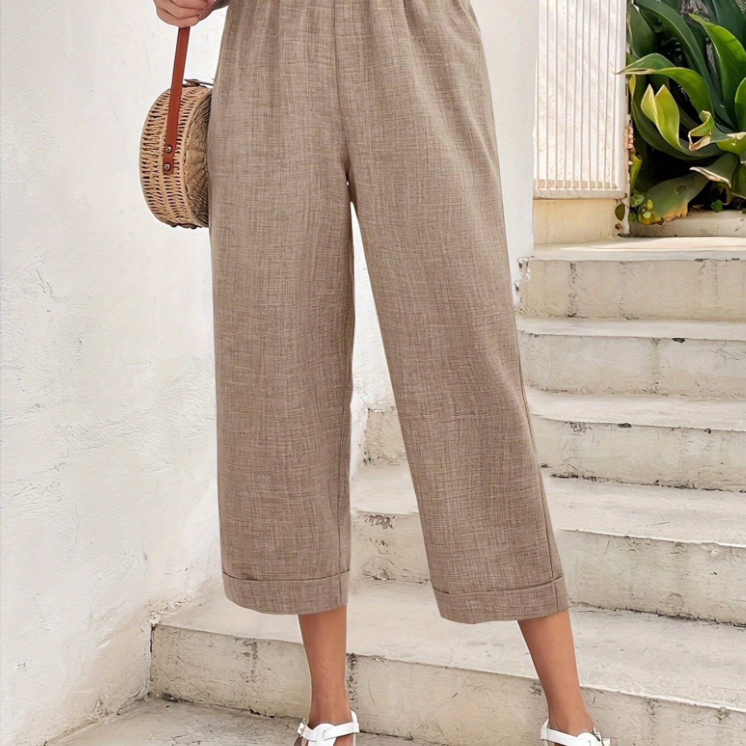 TEMU Comfortable Elastic Waist Straight Leg Wide Pants | Casual Solid Color, Suitable For Spring/summer/fall