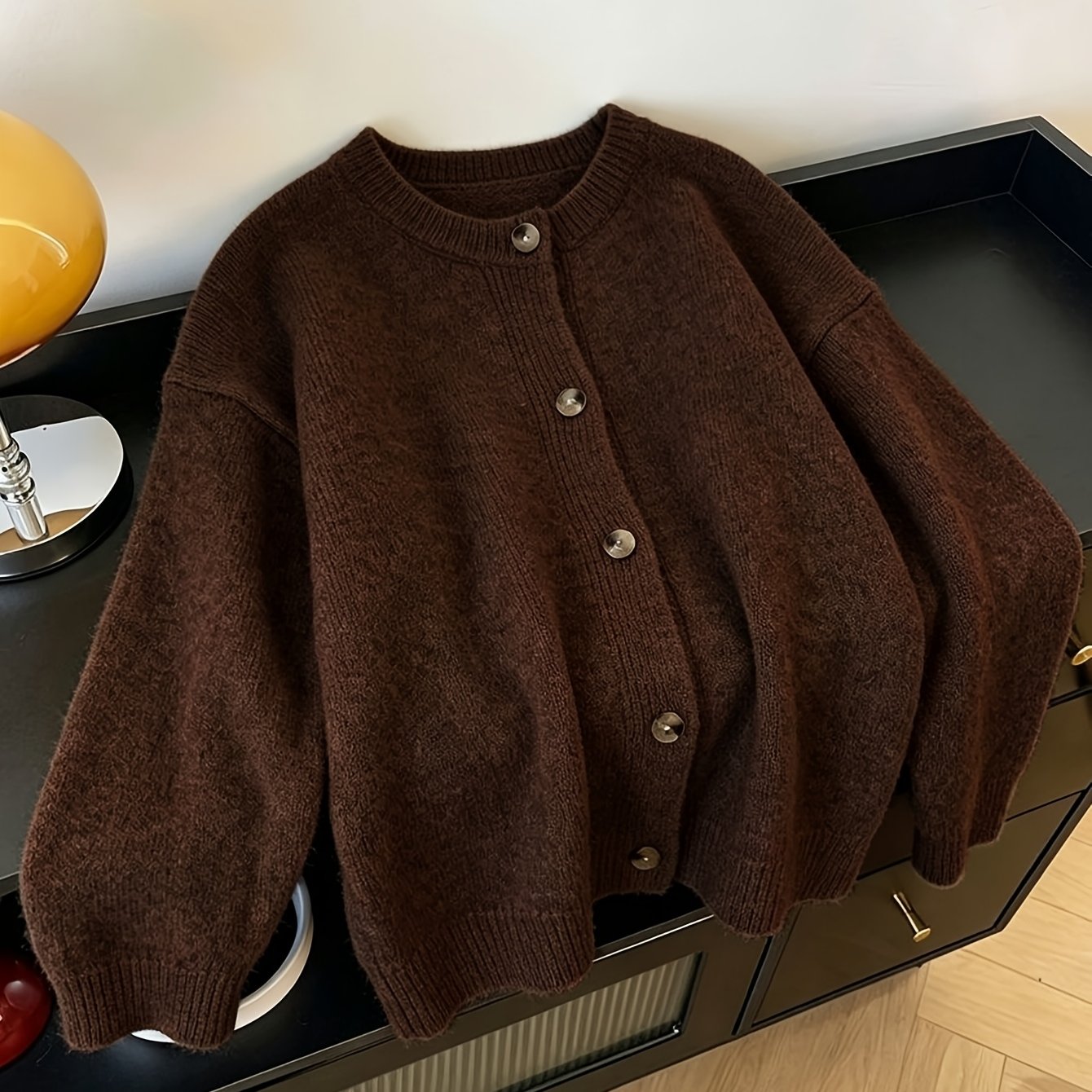 Image of Plus Size Women's Loose Delicate Warm Cardigan Sweater Autumn Winter Gentle Style Round Neck Soft Casual Outerwear