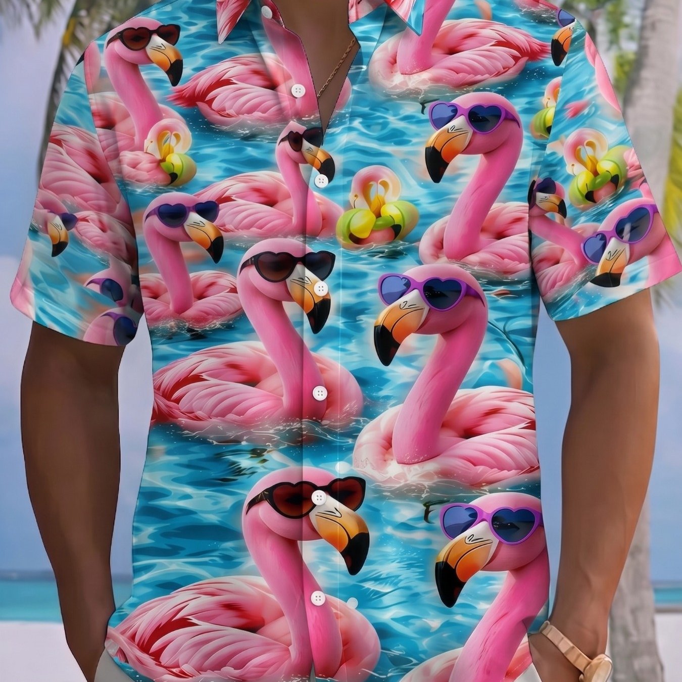 TEMU Men's Flamingo Print Button-up Shirt Short Sleeve Collar Shirt With Pink Flamingo & Fashion Glasses Design, Blue Water Ripple Suitable For