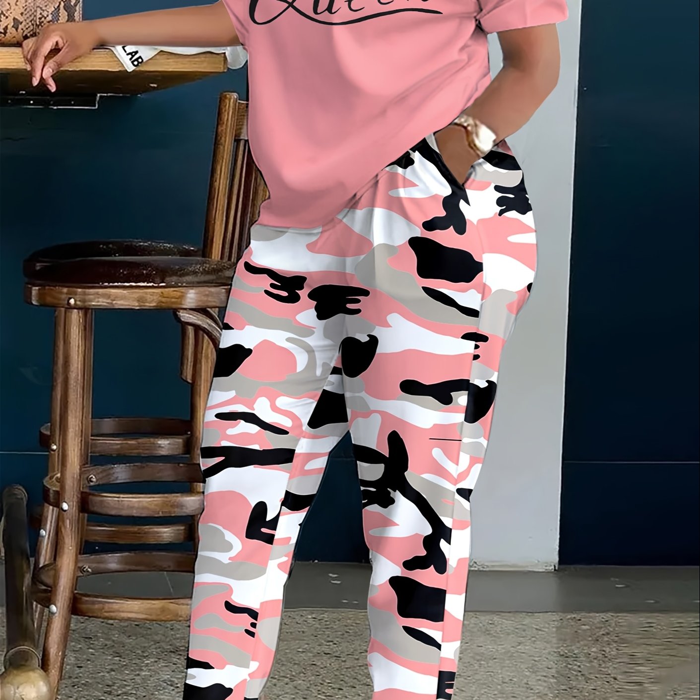 TEMU Plus Size - Ladies' Plus Size Casual Set: Letter Print Crew Neck Short Sleeve T-shirt + Camouflage Long Pants With Pockets