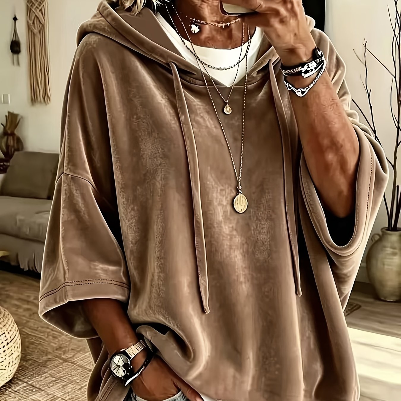 TEMU Bk260703010 Elegant Directional Style Women's Autumn Winter Velvet Hooded Off-shoulder T-shirt Autumn Winter Loose Casual Outerwear Sweatshirt