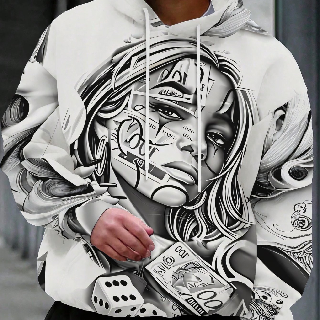 Men's Trendy Hooded Sweatshirt, Personalized Black And White Art Print, Fashionable Street Style, Polyester Fiber Fabric_voghion.com