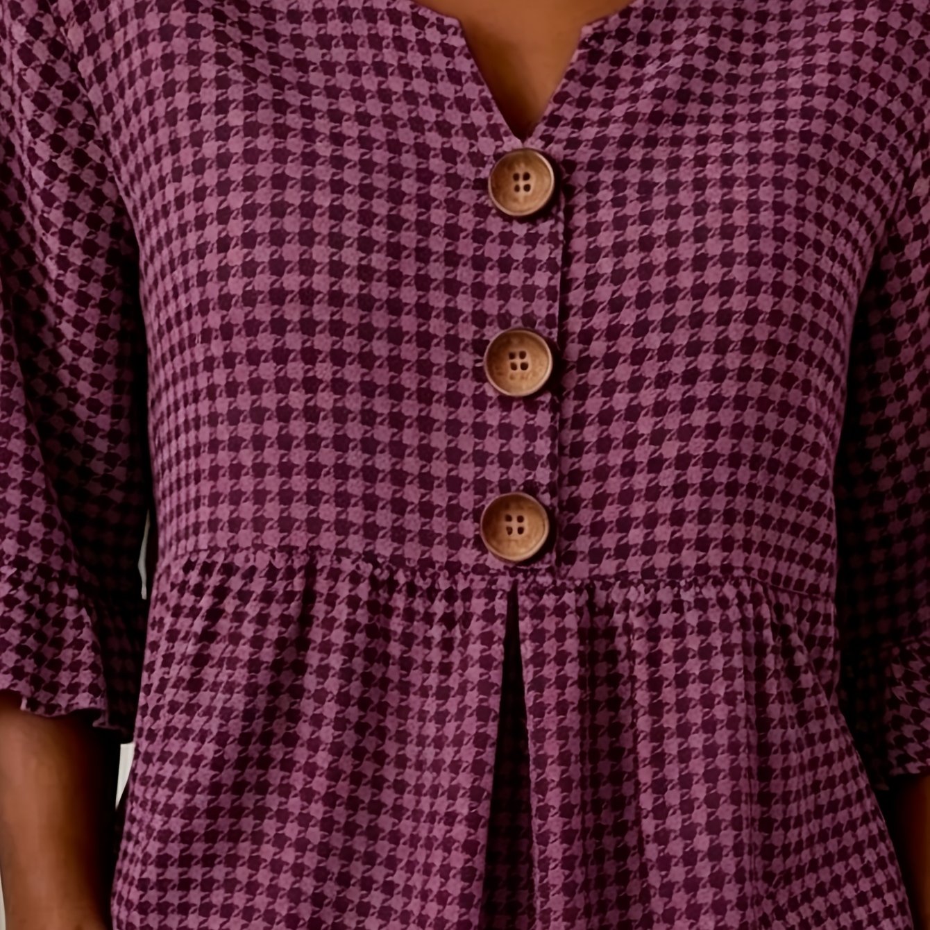 TEMU This Bohemian-style Geometric Striped Plaid Print Women'-button V-neck Top Features A 3/4 Sleeve Design With Ruffle Details, Suitable , From