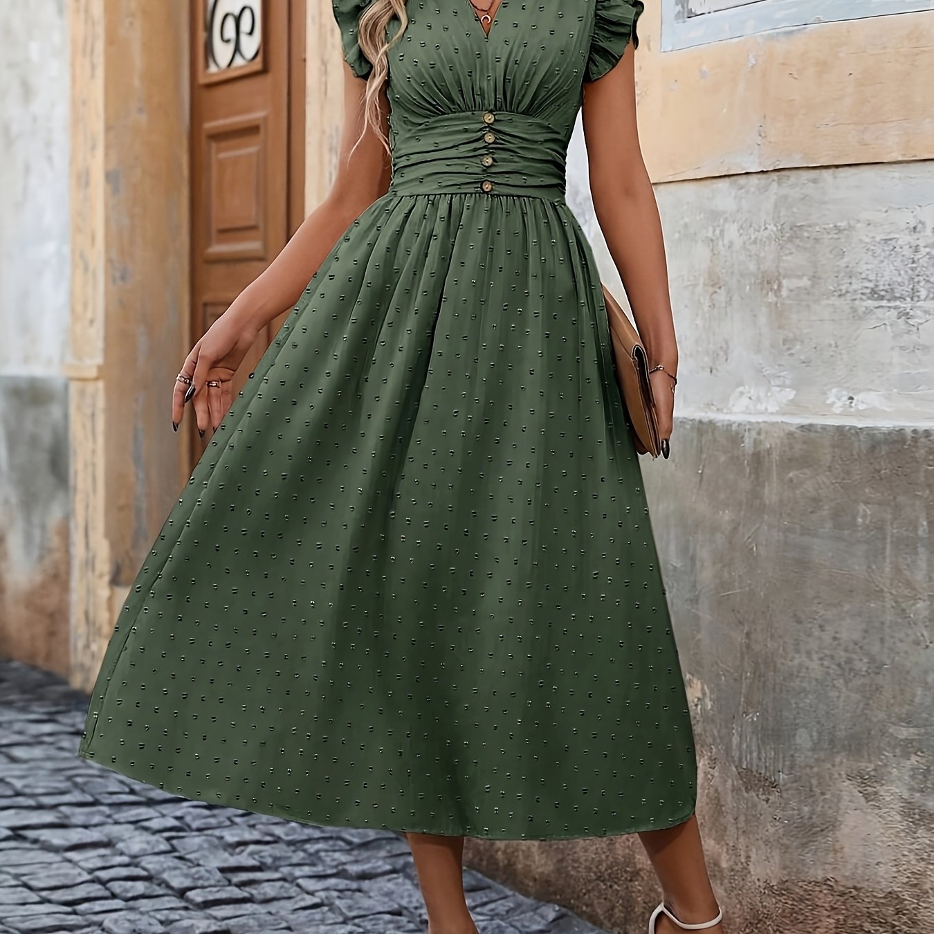 Image of Women's V-neck High-waisted Party Casual Dress, Bohemian Women's Ruffle Trim Pleated Midi Dress