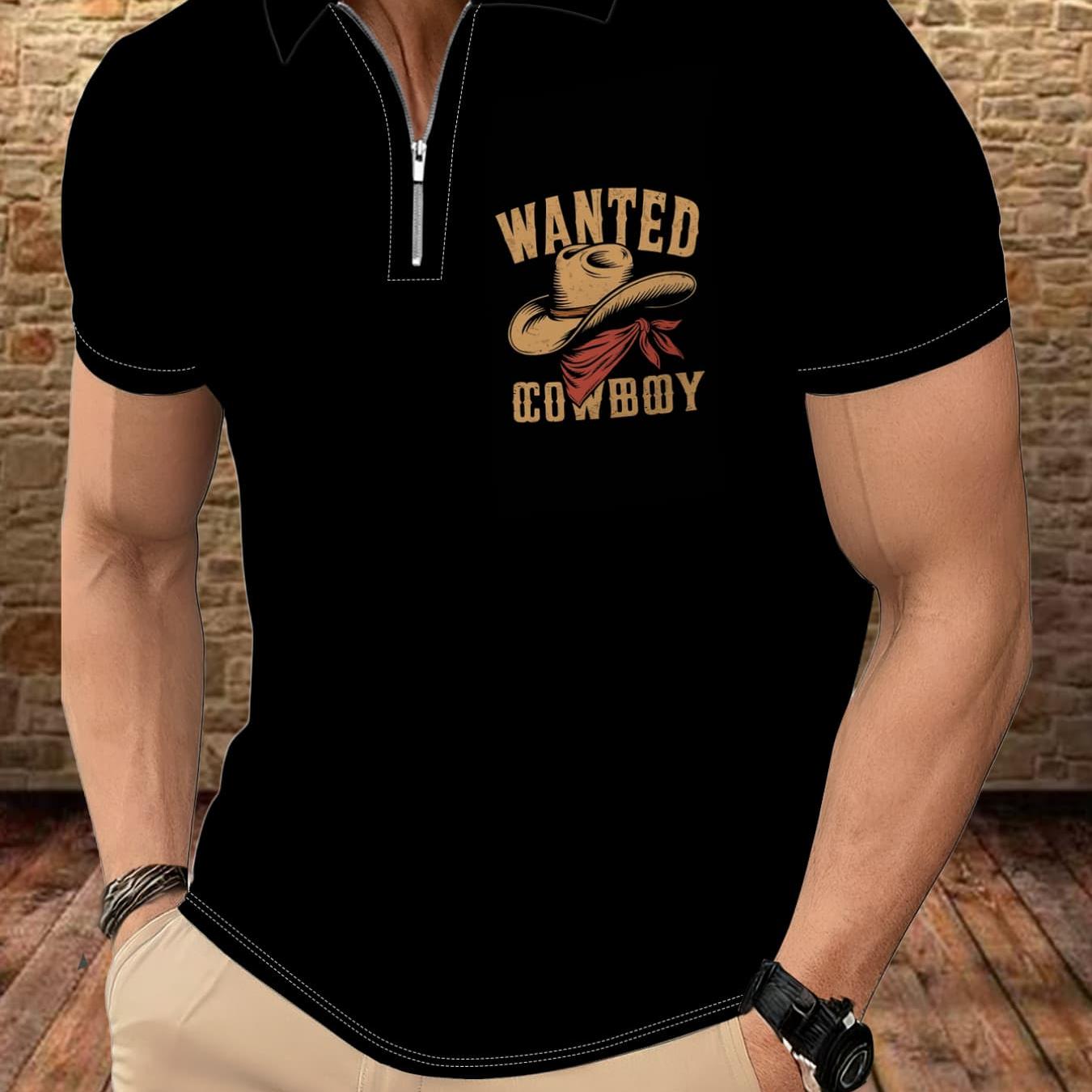 TEMU Men's Vintage Western Style 'wanted Cowboy' Printed Half-zip Shirt, Summer Casual Slim Fit Business Thin Breathable Short Sleeve Top, Trendy