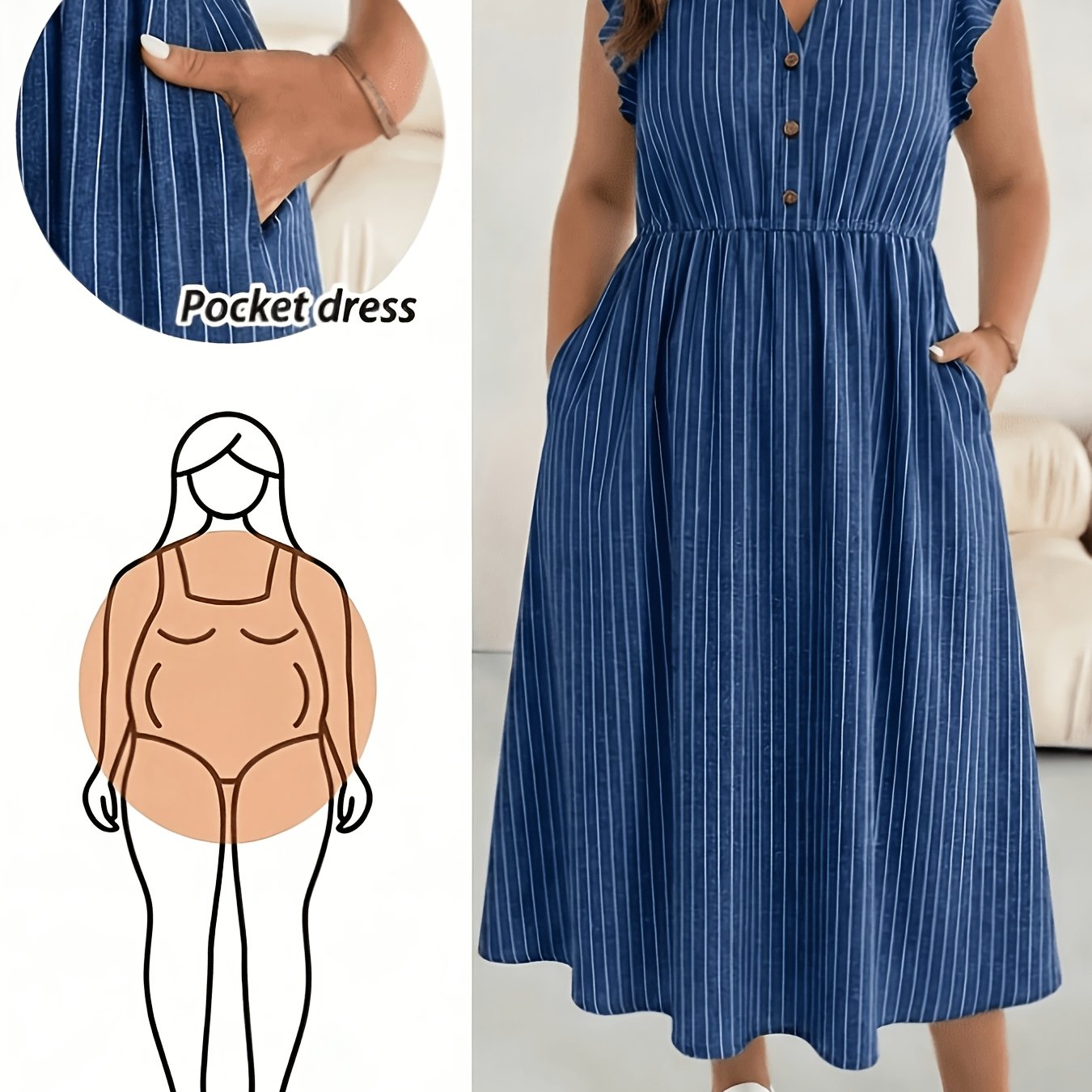 TEMU Plus Size, New Plus Size Summer Women's Striped Short Sleeve V-neck Ruffle Hem Dress