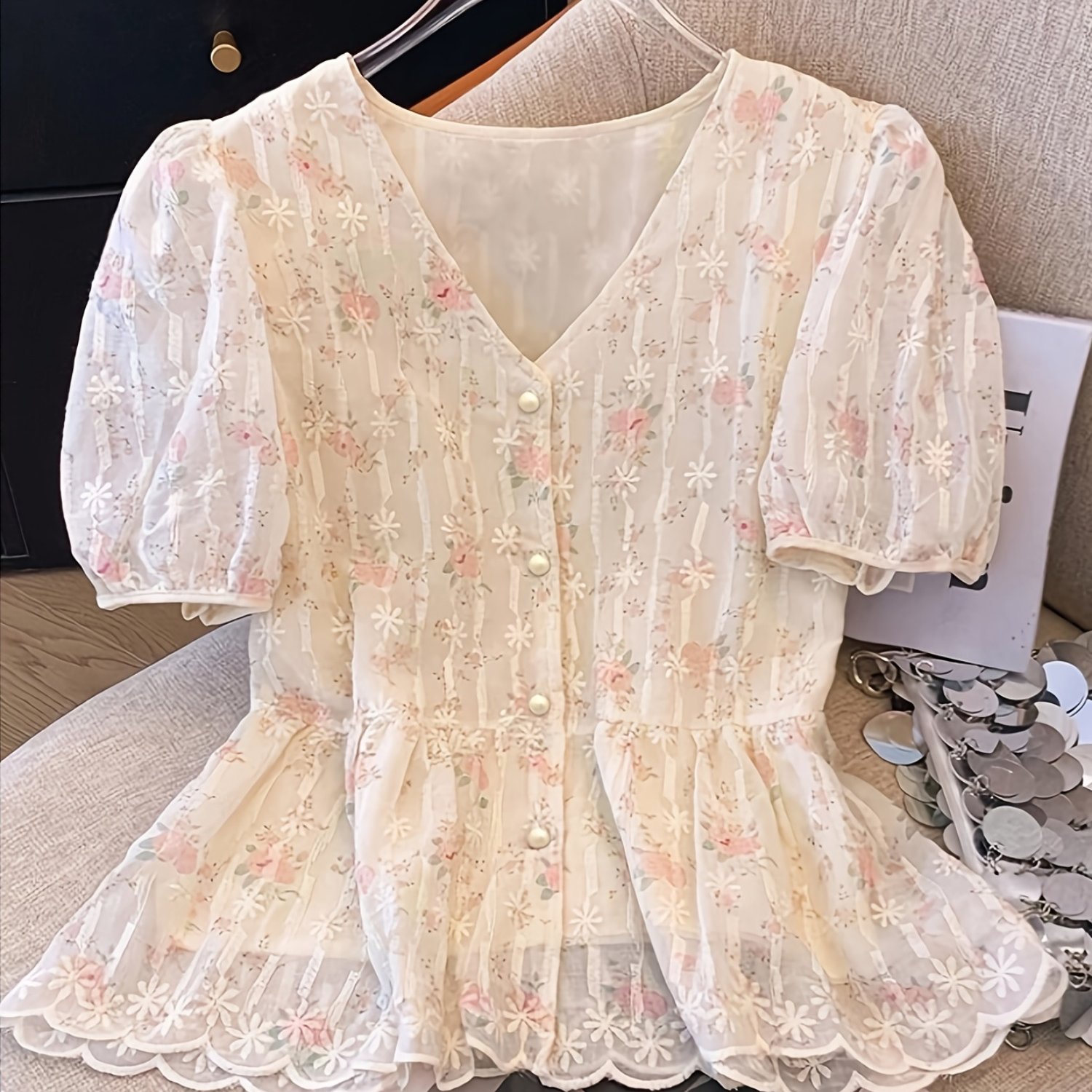 TEMU Women's V-neck French Romantic Embroidered Shirt, Small Floral Print, Suitable For Daily And Vacation