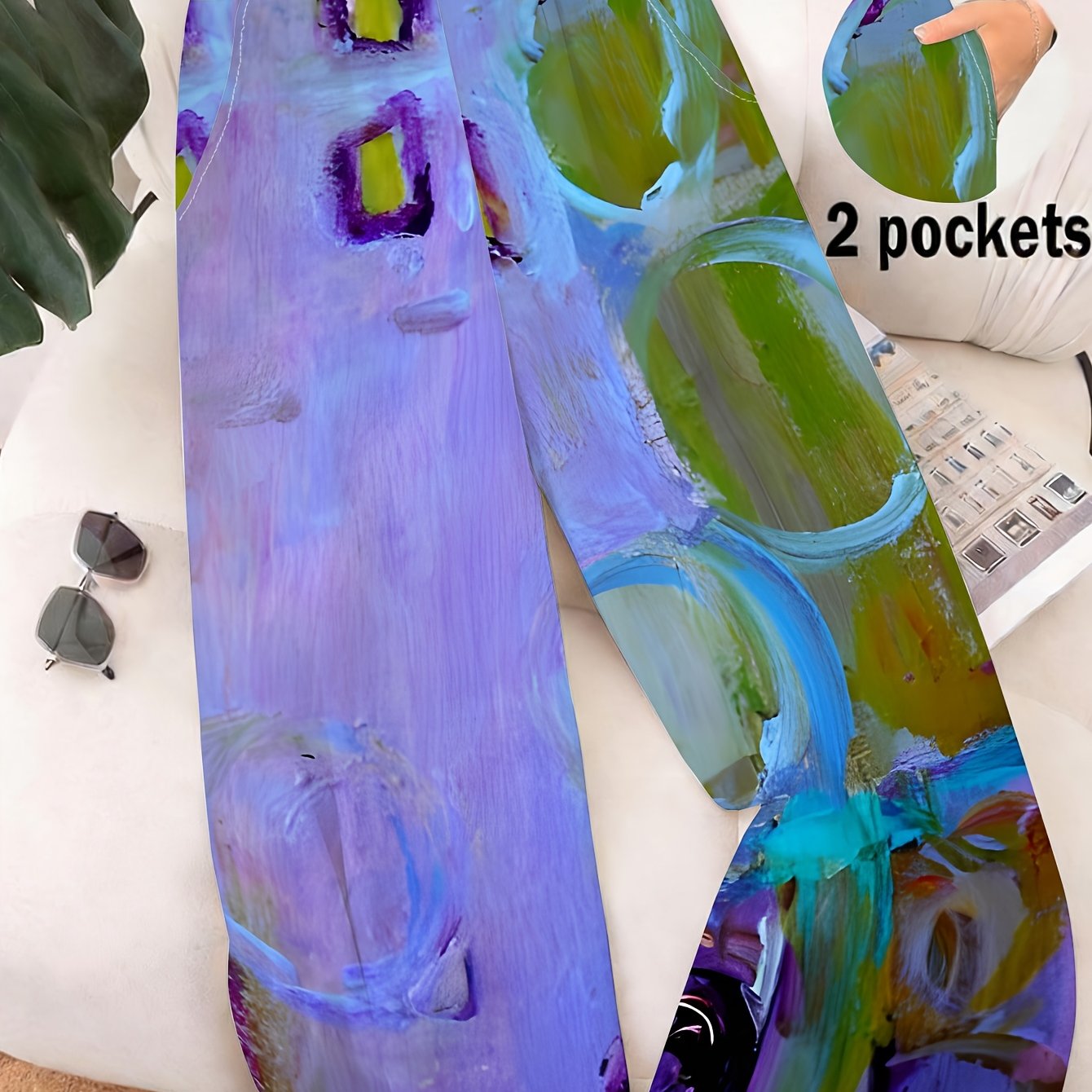 TEMU Women's Straight Leg Pants With Abstract Purple And Design, Suitable For Casual Wear, Travel, Office And Parties, Featuring 2 Pockets, Artistic