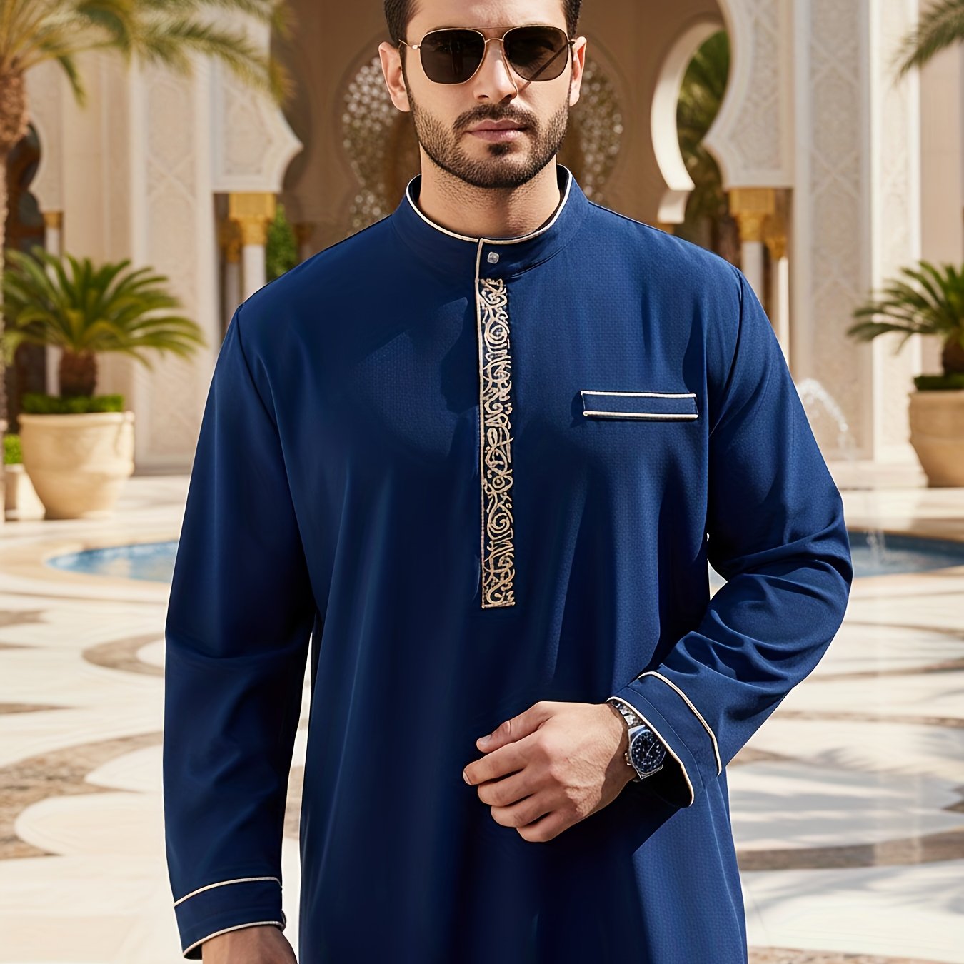 Image of Men's Thobe - Golden Embroidery Robe With Stand Collar, Long Sleeves, Design | Traditional Arab Clothing For Eid, & Cultural Events