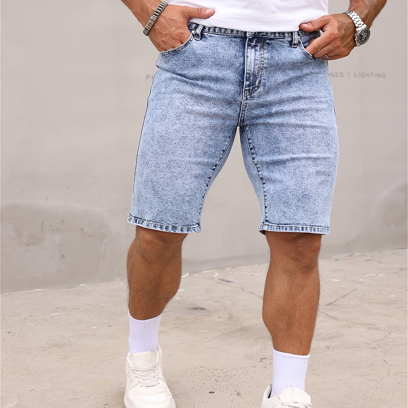 Tb4264, High-quality Stretch Men's Denim Shorts, Snowflake Wash Finish, Slim Fit, 70% Cotton, 28% Polyester 2% Spandex