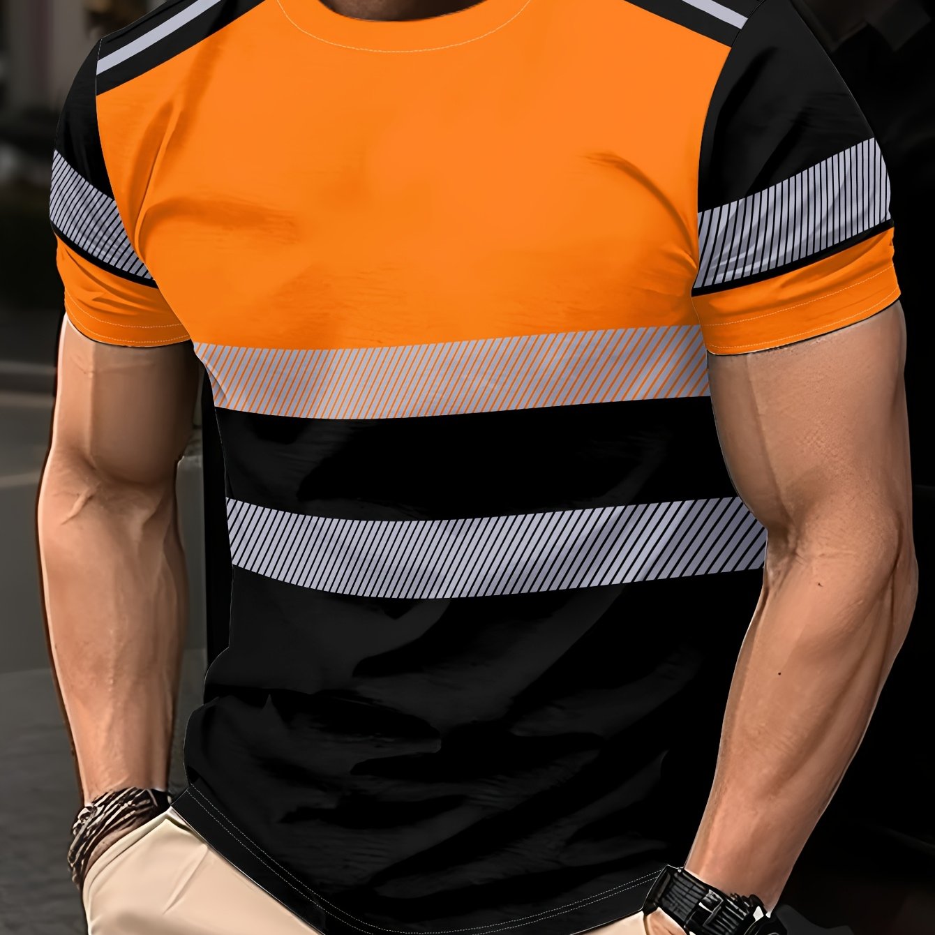 TEMU Men's Casual Summer 3d Print T-shirt, Fluorescent Yellow-green, Orange, And Black Color-blocking Design, Lightweight And Quick-drying Knitted