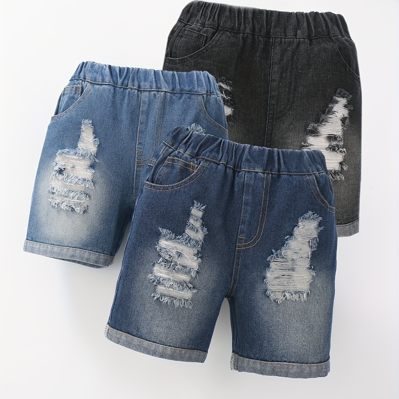 Three-piece Set Of Ripped Denim Shorts For Girls