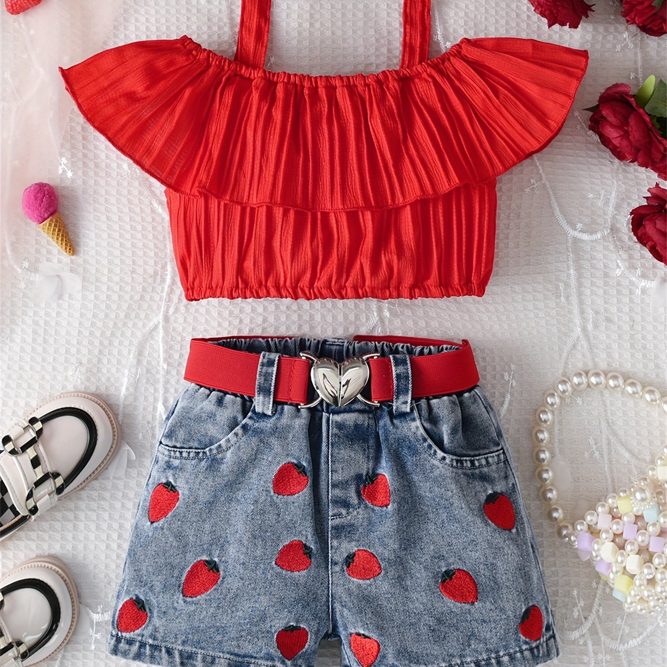 Image of Girl's -the-shoulder Strawberry Shorts With Heart Belt Set, Perfect For Outdoor