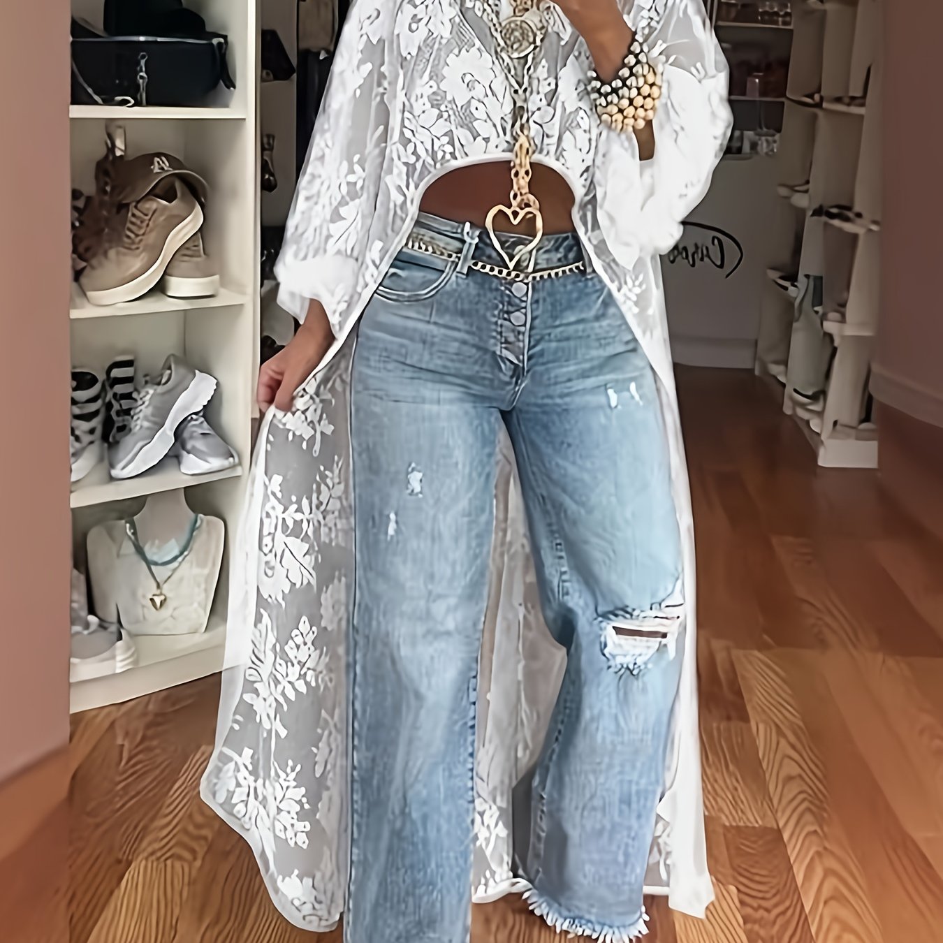 TEMU Ladies' Fashion Elegant Lace Long Top