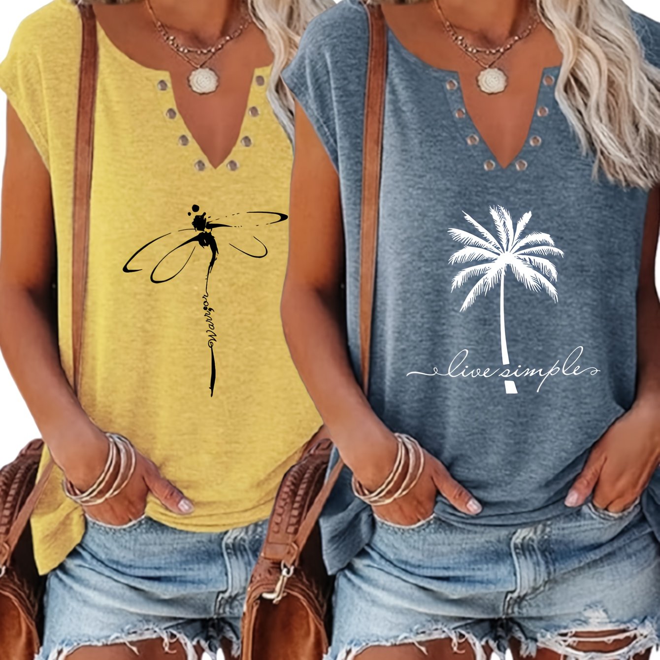 2025 Western Fashion Printed Button V-neck Vest 2pcs Set