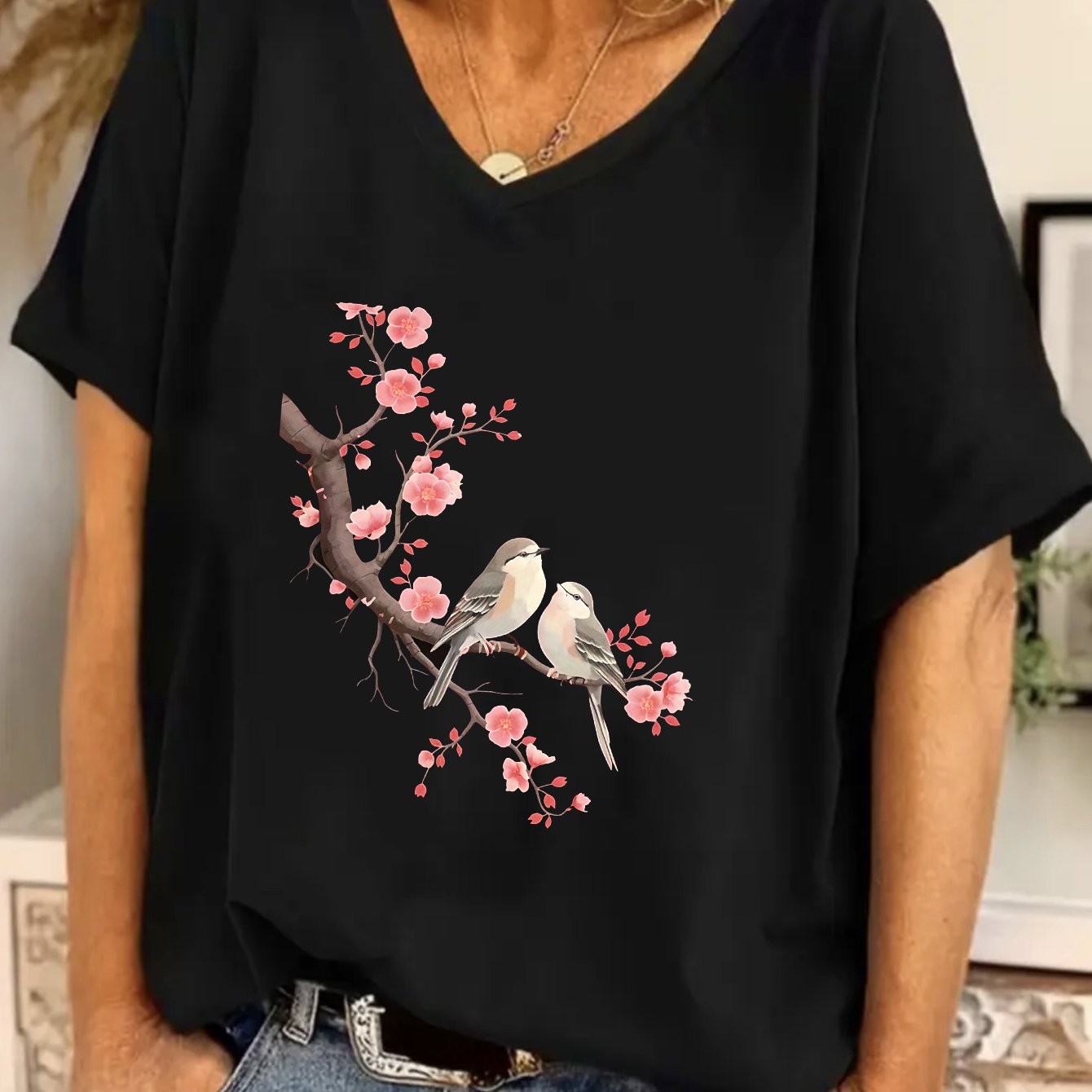 TEMU Plus Size Women V Neck Loose Summer Short Sleeve Japanese Cherry And Birds Print Soft Artistic Style Top
