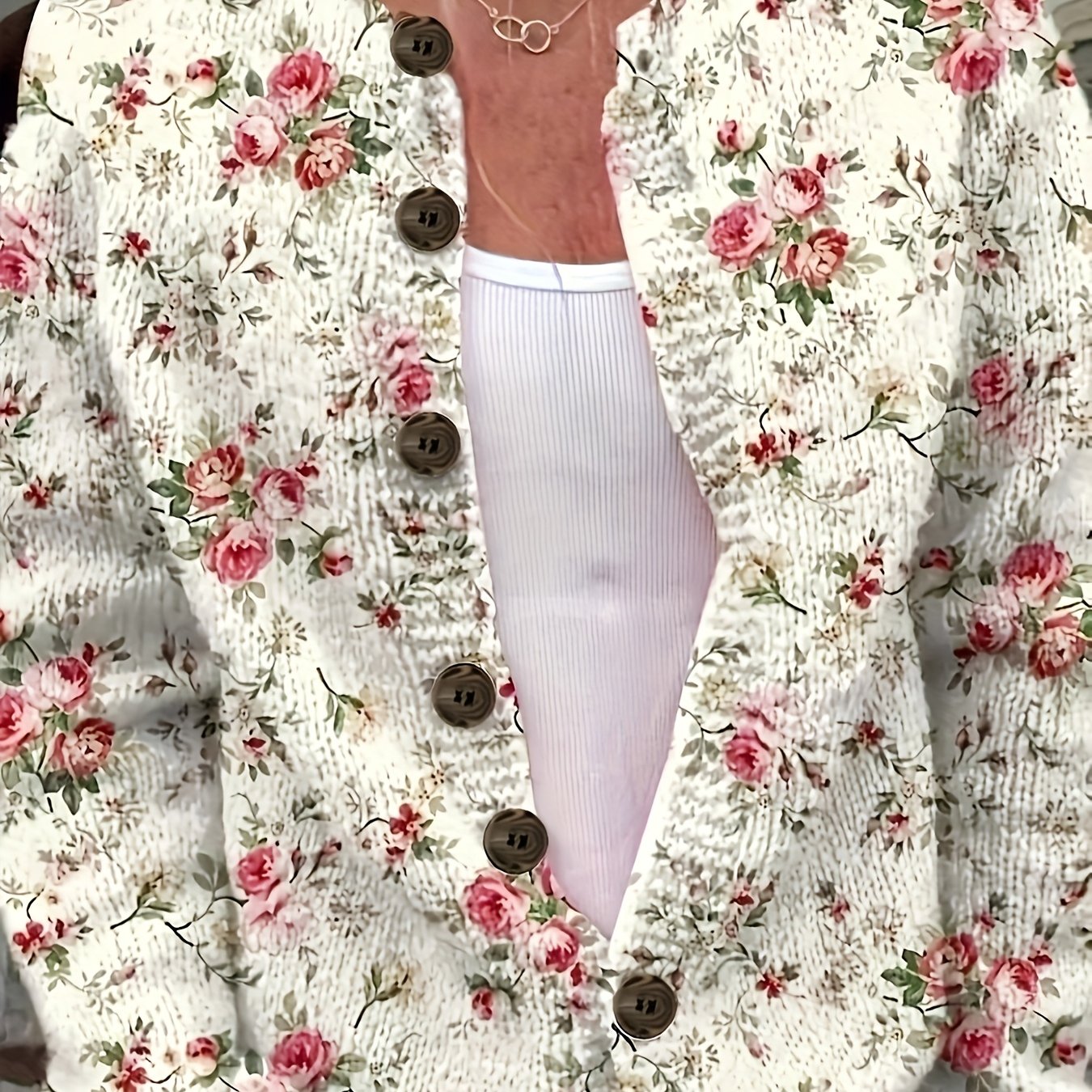 TEMU Plus Size - Plus Size - 2d Flat Pattern Spring/autumn Fashion Versatile Round Neck Long Sleeve Cardigan Women's Top Floral Pattern Flat Trendy