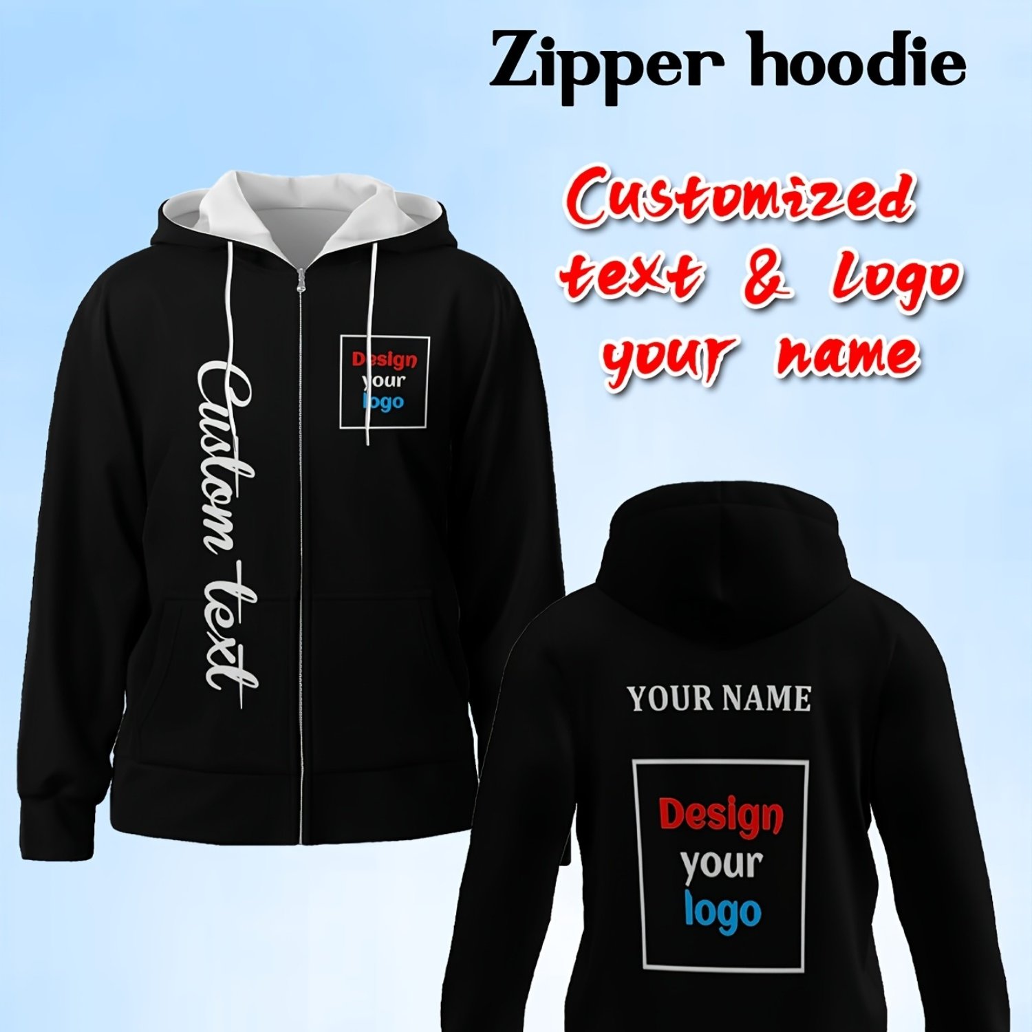 TEMU Customizable Solid--up Hoodie With Front And Back, Supports Personalized Logos, Text, And Names. Suitable For Everyday Wear, Couple Outfits,