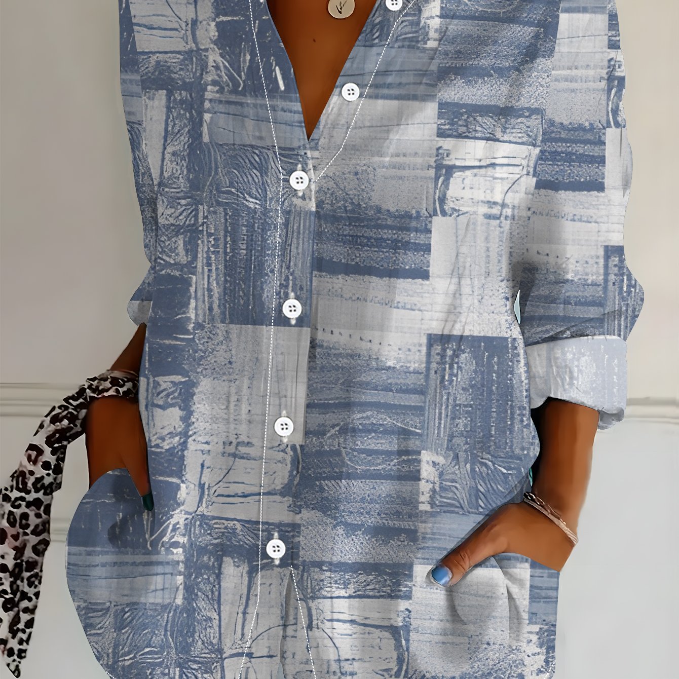 TEMU Plus Size, Plus Size Women's Long Sleeve Shirt, Geometric Print, Loose Fit Printed Blouse, Abstract Texture Style, Midi-length Women's Long