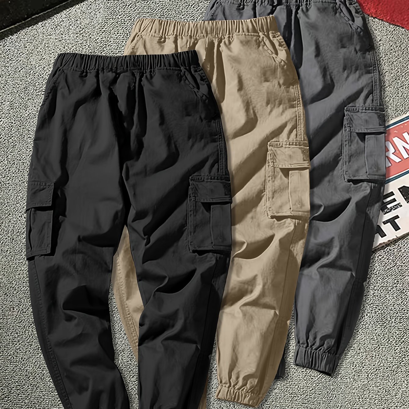 Image of 3pcs Boys Casual Cargo Pants With Multiple Pockets, Elastic Waist, For Casual Attire, Everyday Cargo Pants, Everyday Comfortable Pants, Perfect For Outdoor