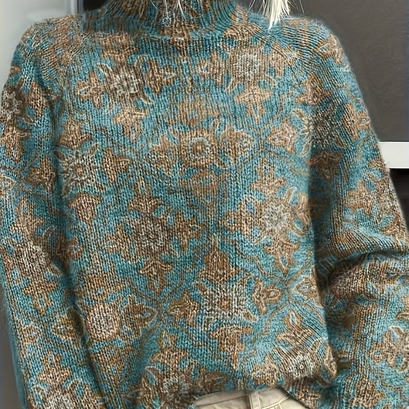 Geometric Pattern Print High Neck Elegant Style Sweater