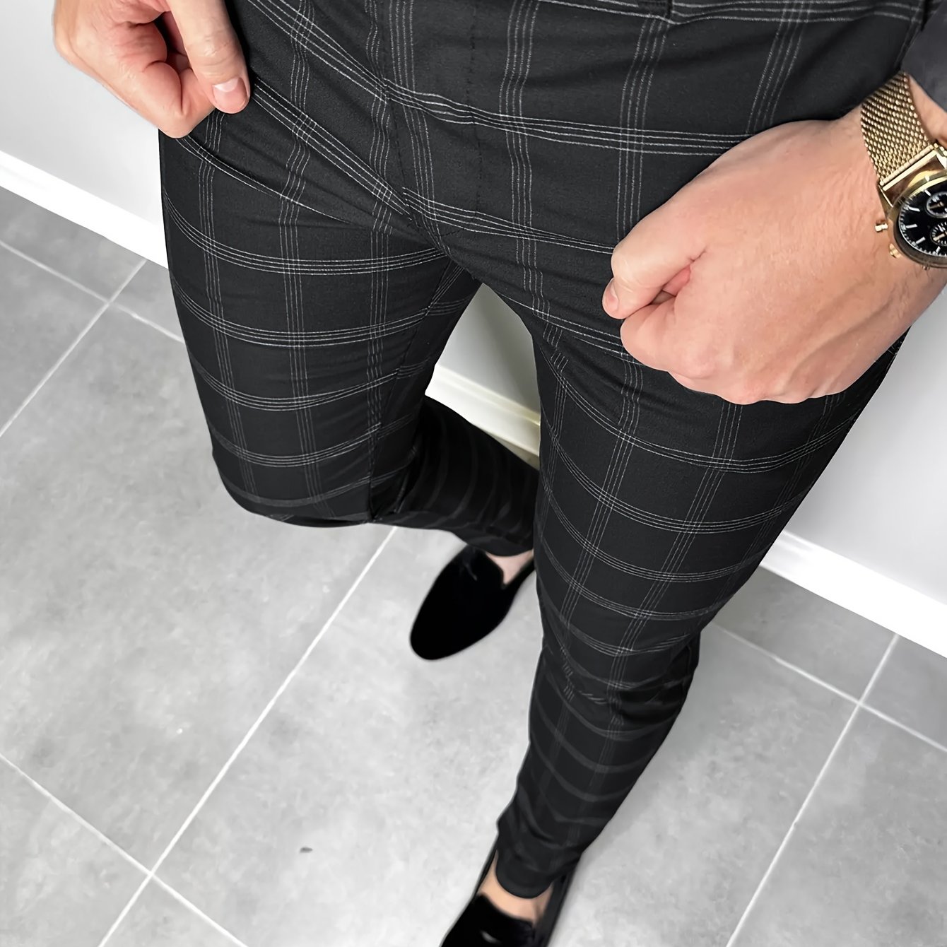 BLACK SLIM-FIT GENTLEMEN PLAID PANTS – WearManStyle